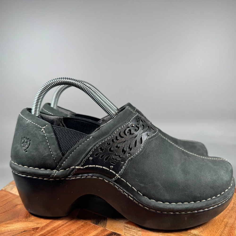 Ariat Black Leather Laser Cut Floral Clogs Mules Shoes 10005779 Womens 9B